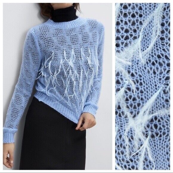 Zara Sweaters - Zara Womens Knitted Sweater Pullover Feather Fringe Size M Blue Wool Blend